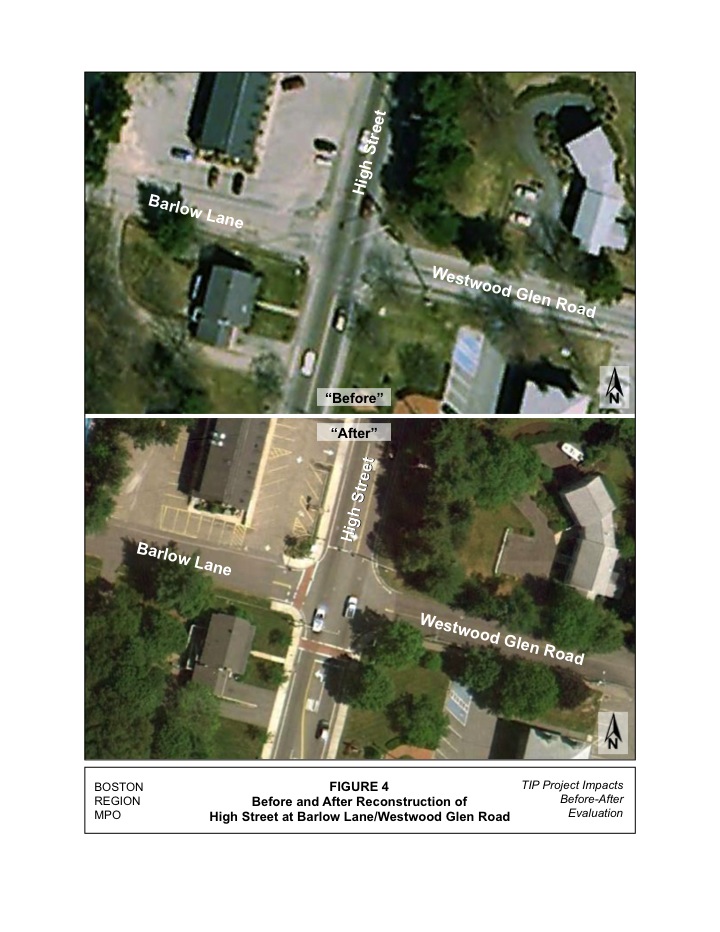 Aerial photos showing the High Street at Barlow Lane/Westwood Glen Road intersection before and after the reconstruction of the intersection.